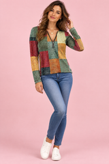 Patchwork Print Green Zip Top