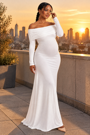 Robe longue de grossesse blanche en résille froncée à col Bardot | Deuxième photo lifestyle | Lounelle Paris