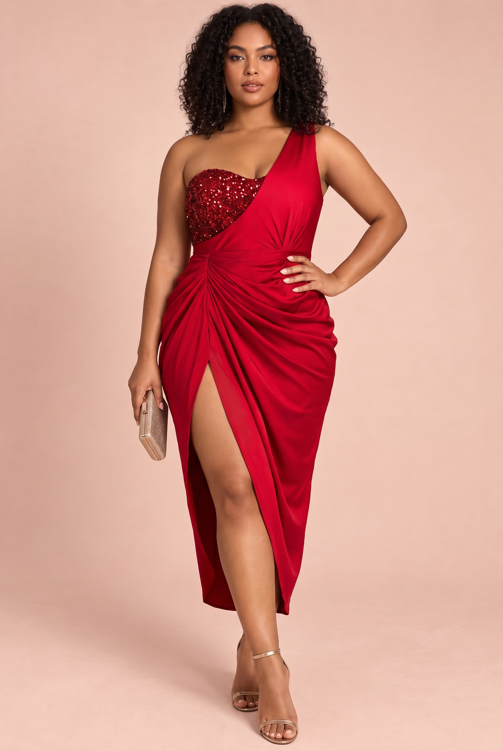 Robe midi asymétrique à sequins rouge | Porté sur une autre silhouette | Lounelle Paris