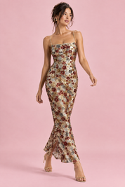 Robe courte dorée ornée de sequins à motifs floraux, à col rond | Vue en mouvement | Lounelle Paris