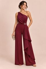 Burgundy Asymmetric Belted Jumpsuit