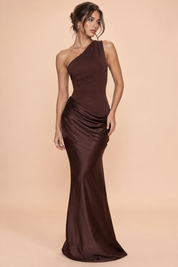 Robe longue marron asymétrique froncée | Vue de face | Lounelle Paris