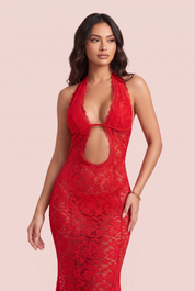Robe rouge dos nu à encolure américaine | Vue rapprochée | Lounelle Paris