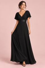 Black Pleated V-Neck Dress