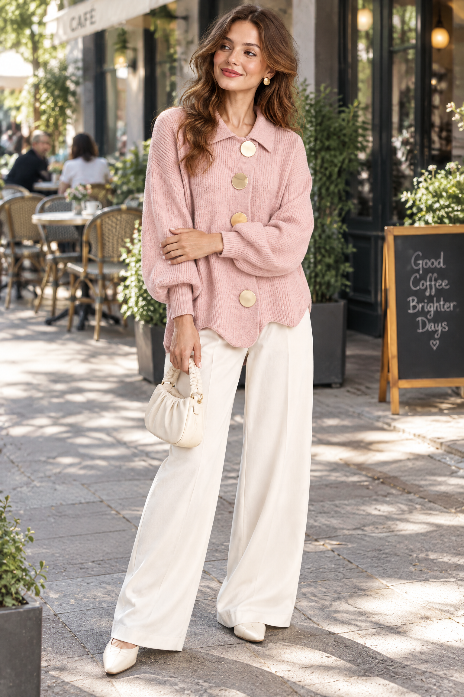Cardigan oversize rose poudré à col | Photo lifestyle | Lounelle Paris