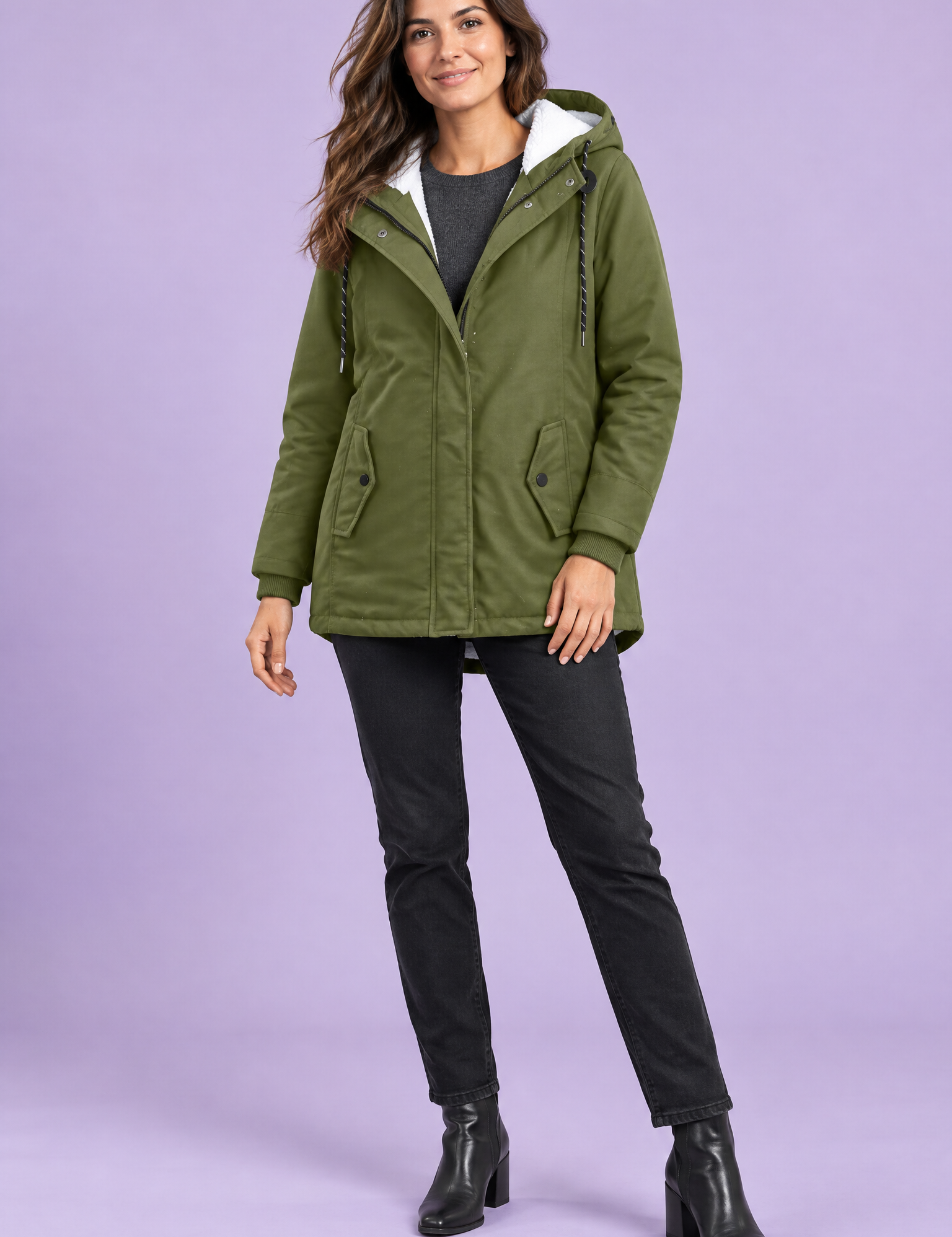 Parka kaki oversize à capuche | Vue de face | Lounelle Paris