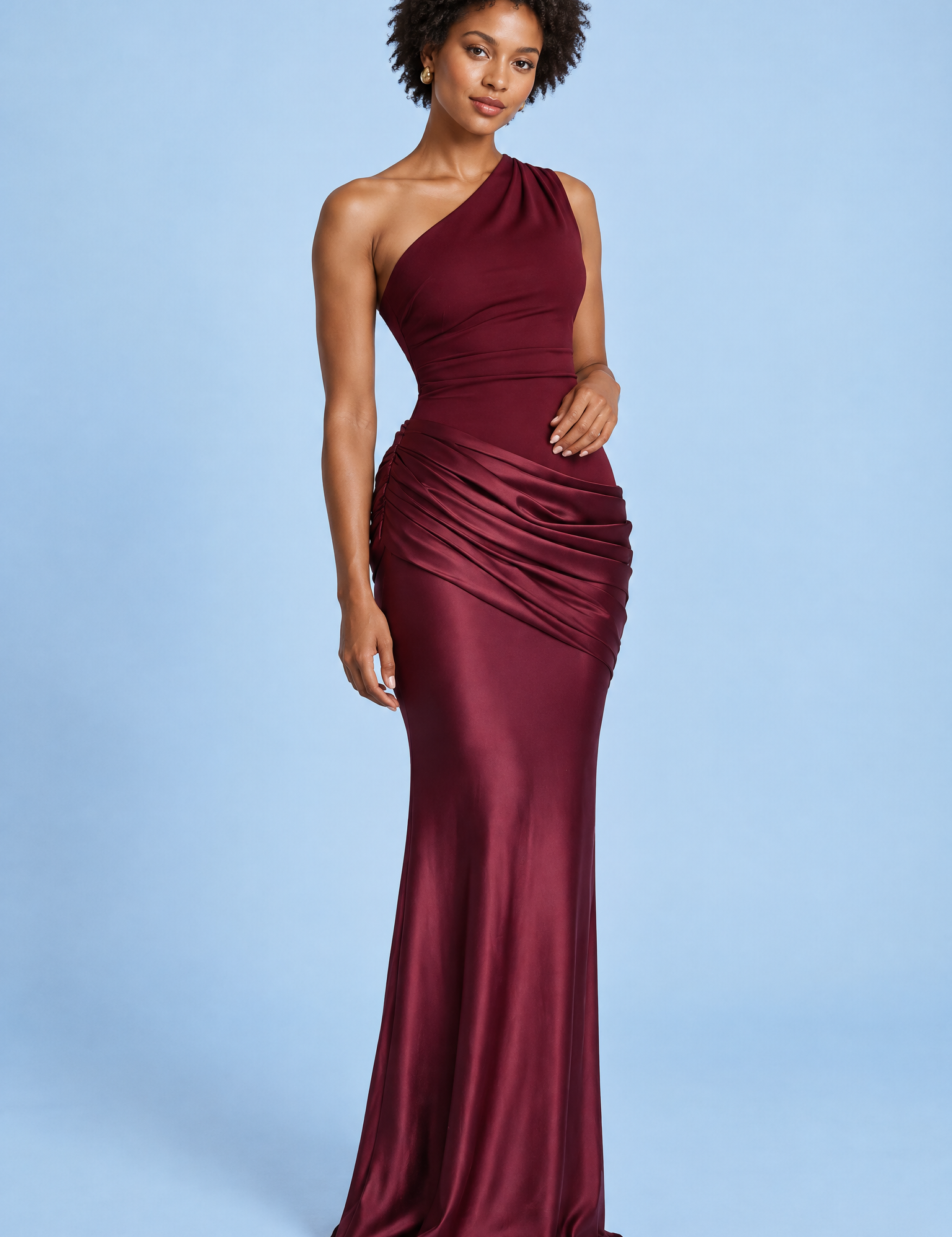 Robe longue bordeaux asymétrique froncée | Vue de face | Lounelle Paris