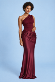 Robe longue bordeaux asymétrique froncée | Vue de face | Lounelle Paris