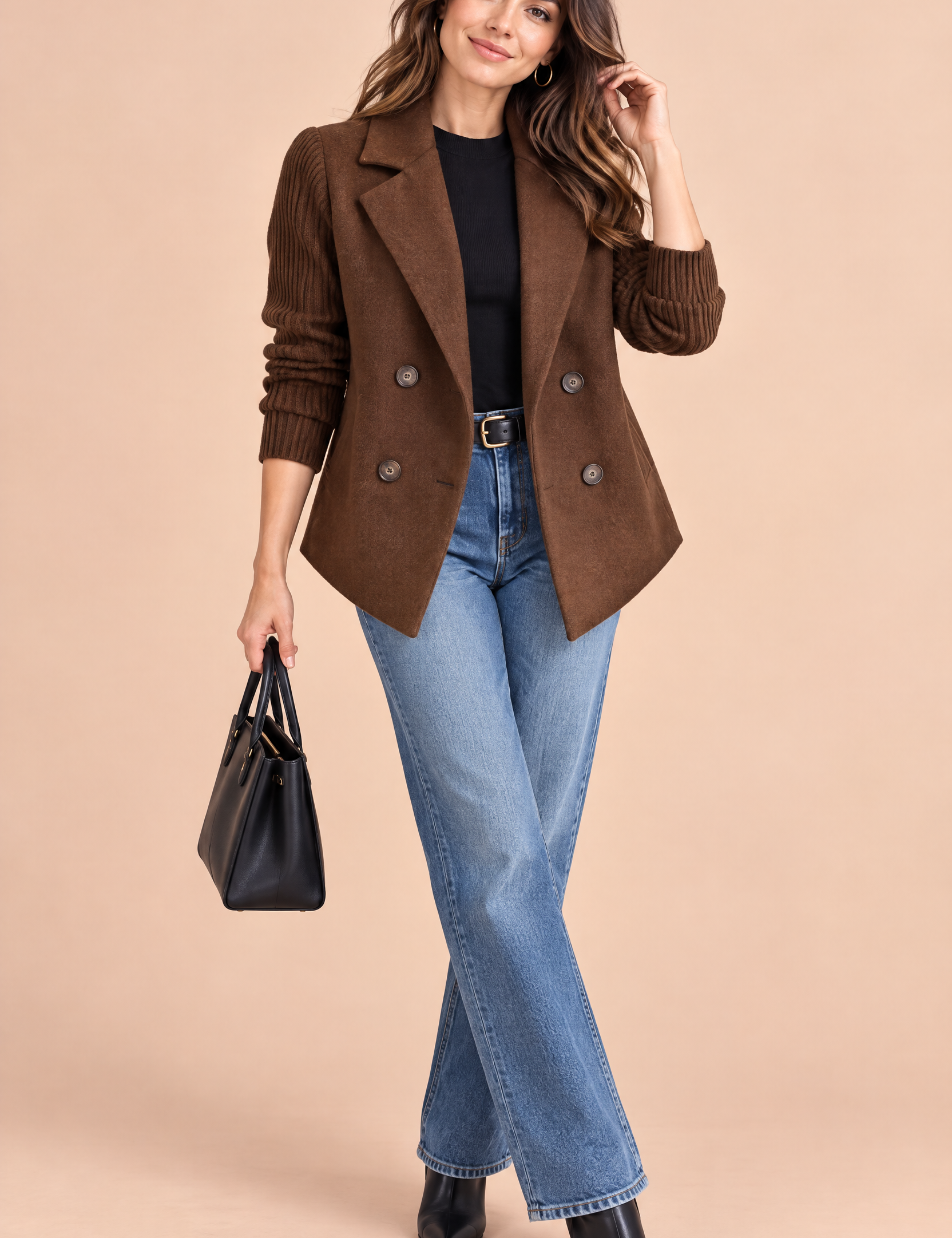 Blazer marron foncé croisé à revers | Vue de face | Lounelle Paris