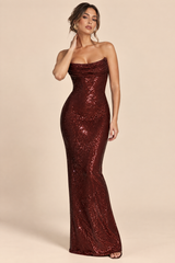 Sequin Cowl Neck Burgundy Dress