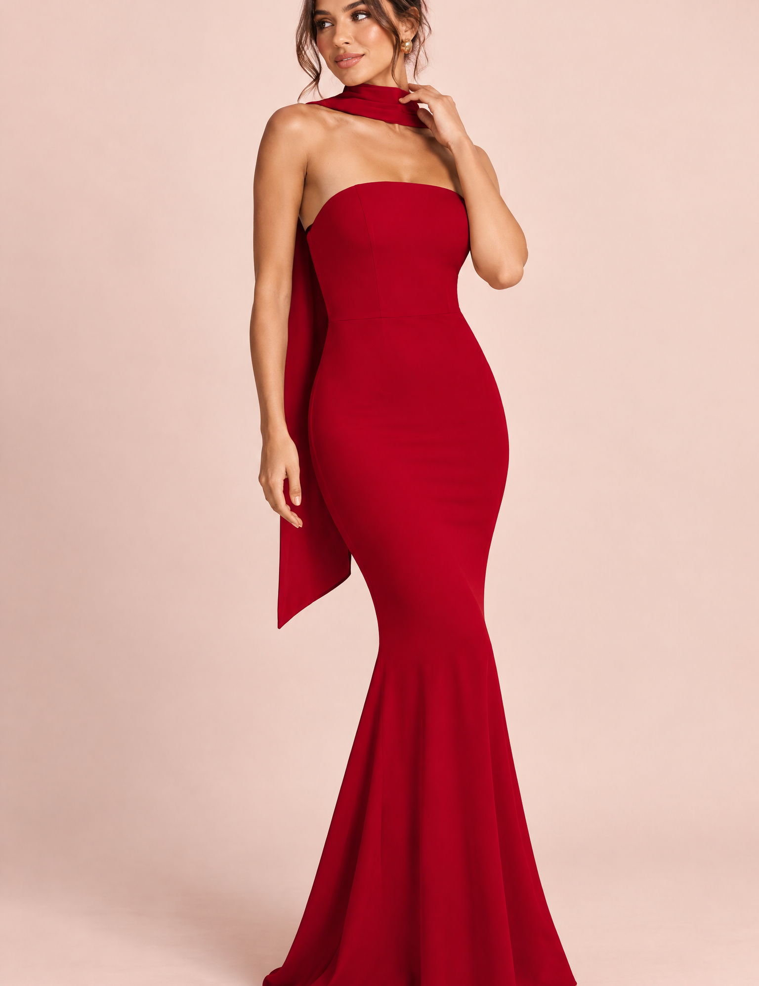 Robe longue rouge bustier bandeau à coupe sirène | Vue de face | Lounelle Paris