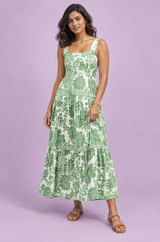 Green Porcelain Print Square-Neck Midi Dress