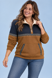 Pull marron à empiècements contrastés et demi-zip | Porté sur une autre silhouette | Lounelle Paris