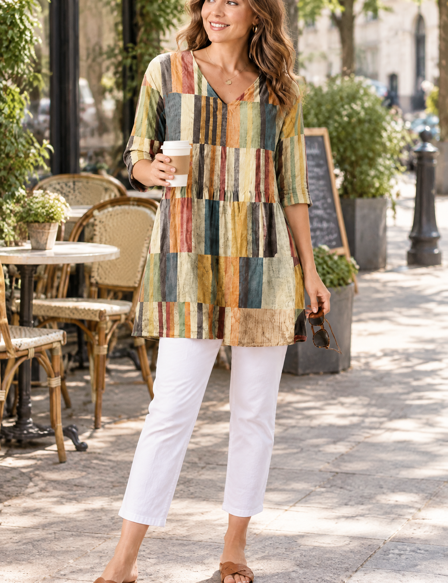 Tunique rayée à col V beige | Photo lifestyle | Lounelle Paris