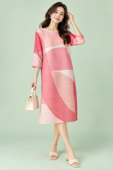 Pleated Pink A-Line Midi Dress