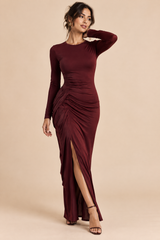 Burgundy Fitted Maxi Dress with Long Sleeves and Ruffle Slit