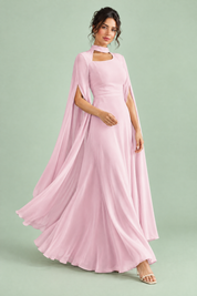 Robe longue rose à encolure carrée et manches cape | Vue en mouvement | Lounelle Paris