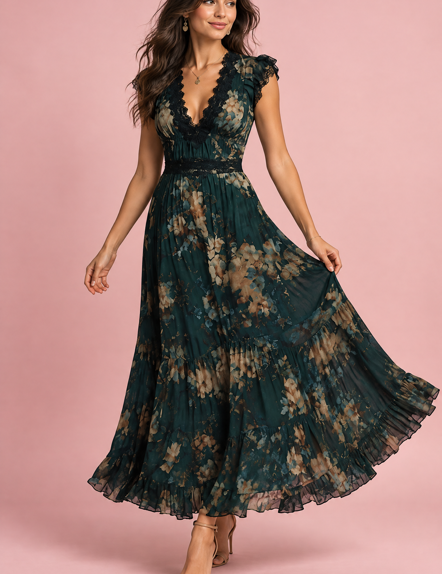 Robe longue fleurie vert foncé à col V et volants | Vue de face | Lounelle Paris