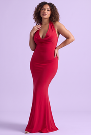 Robe longue rouge dos nu à col bénitier, coupe sirène | Porté sur une autre silhouette | Lounelle Paris