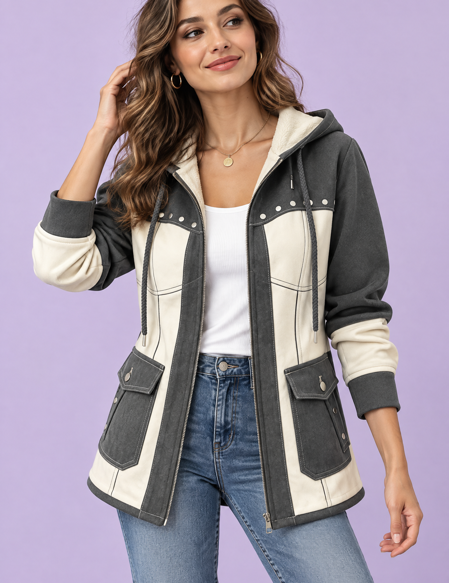 Veste à capuche grise à empiècements | Vue de face | Lounelle Paris