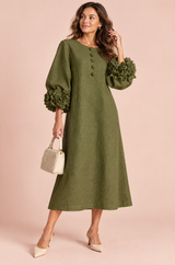 A-Line Olive Green Puff-Sleeve Midi Dress