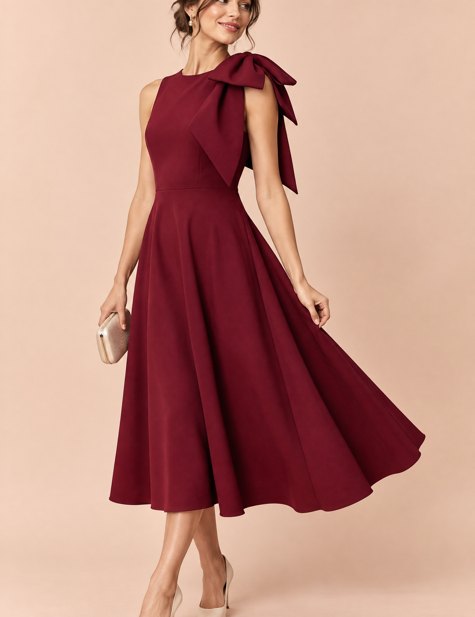Robe midi bordeaux à encolure asymétrique et manche à nœud | Vue de face | Lounelle Paris