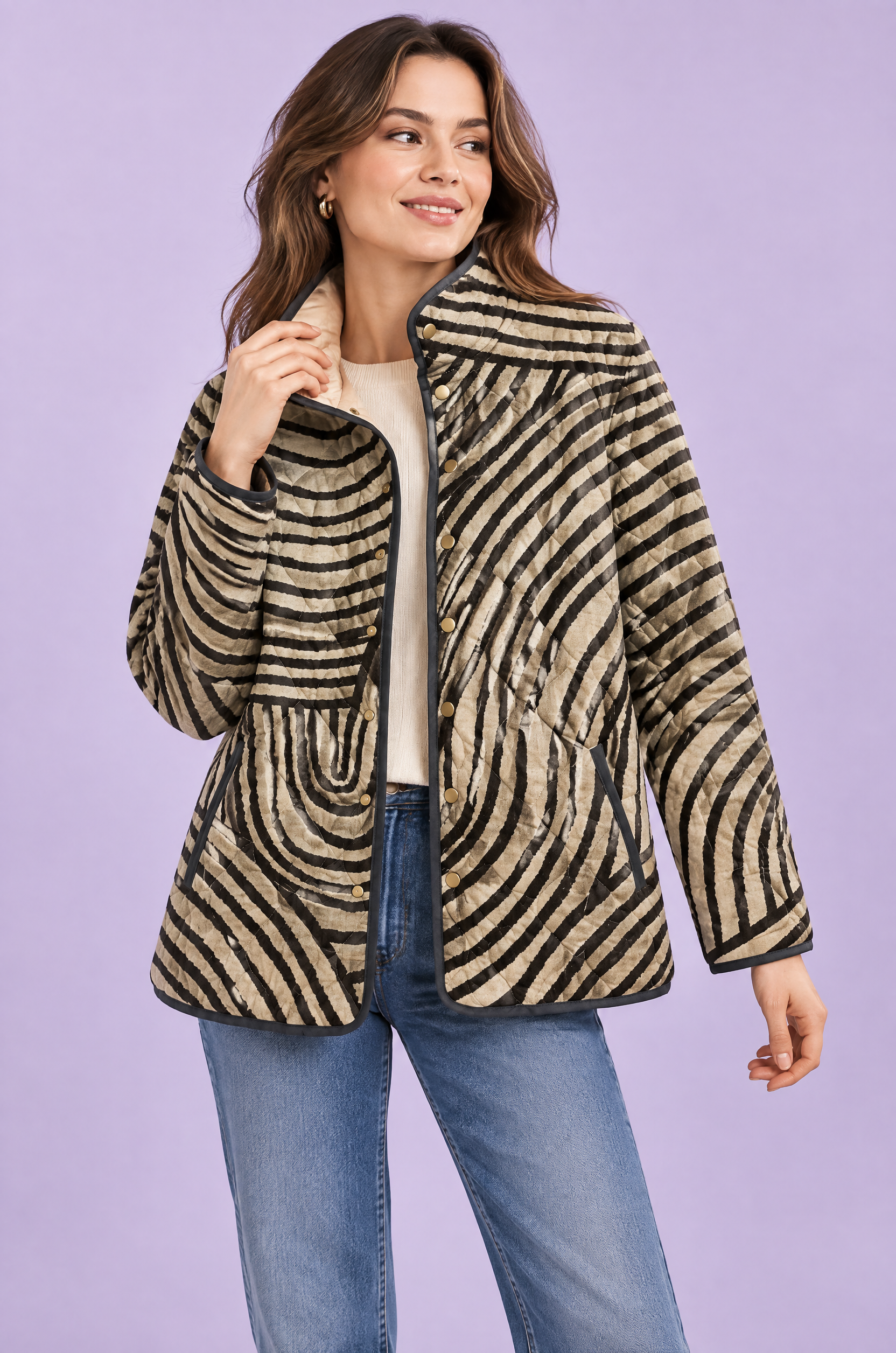 Veste matelassée beige à col montant | Vue de face | Lounelle Paris