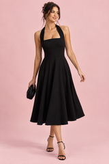 Black fit-and-flare midi dress with a square neckline