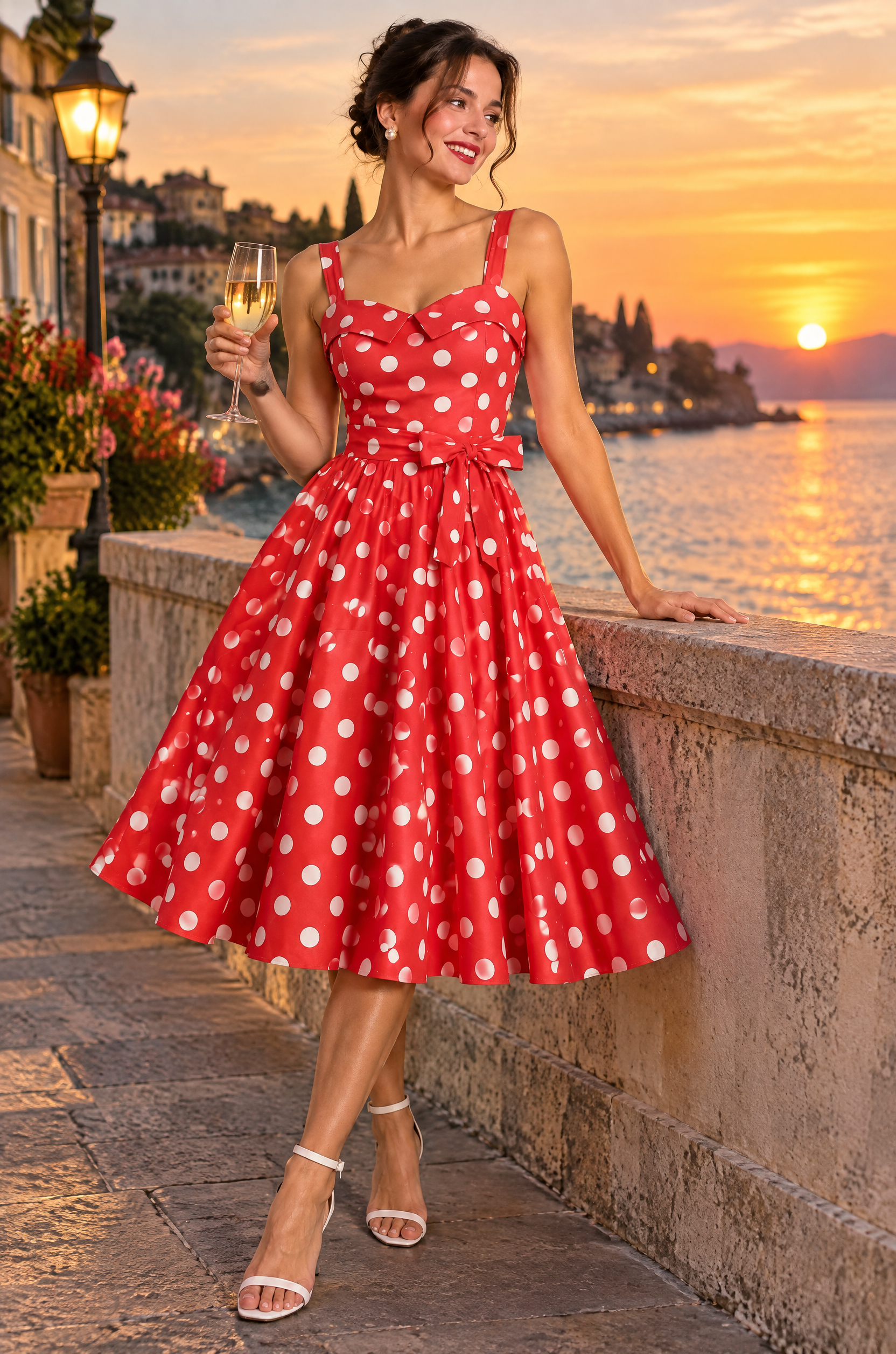 Robe midi rouge vif à pois et encolure carrée | Deuxième photo lifestyle | Lounelle Paris