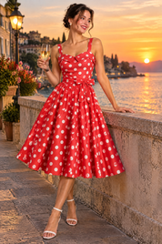 Robe midi rouge vif à pois et encolure carrée | Deuxième photo lifestyle | Lounelle Paris