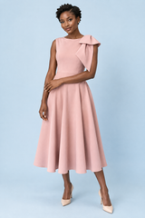 Pink Asymmetric-Neck Midi Dress With Bow-Sleeve