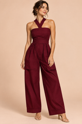 Halter Neck Wide Leg Jumpsuit Burgundy
