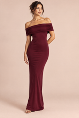 Burgundy off-shoulder maxi dress with ruched detail and open back