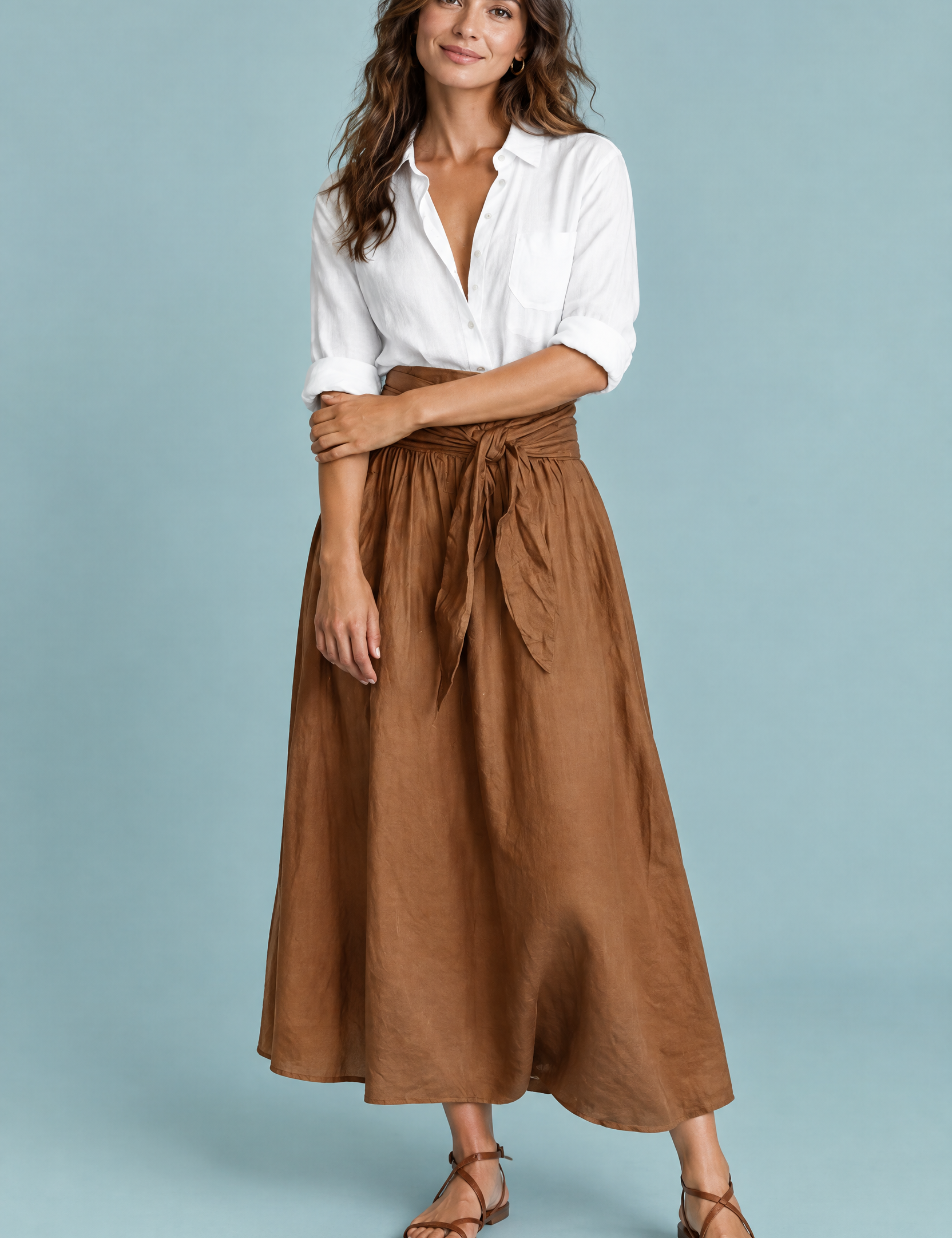 Ensemble chemise et jupe longue marron à taille nouée | Vue de face | Lounelle Paris