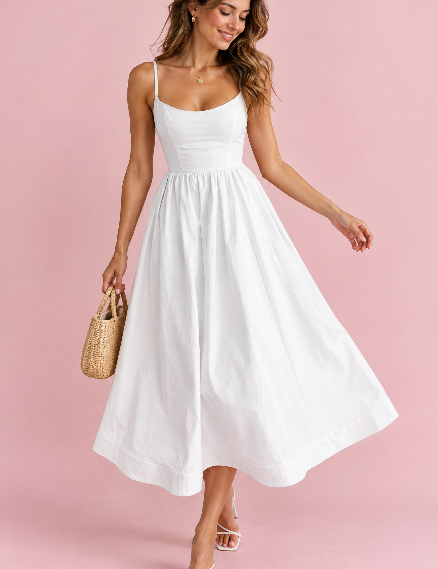 Robe midi blanche plissée évasée | Vue de face | Lounelle Paris