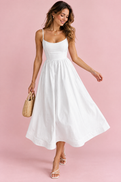 Robe midi blanche plissée évasée | Vue de face | Lounelle Paris
