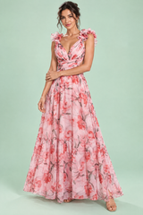 Maxi Dress Pink Floral Ruffle