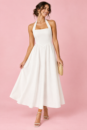 Robe midi patineuse blanche à encolure américaine | Vue de face | Lounelle Paris