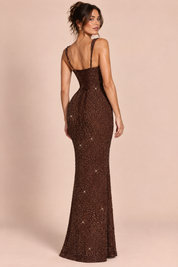 Robe longue à sequins marron | Vue de dos | Lounelle Paris