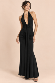 Robe longue noire froncée à col dos nu | Vue de face | Lounelle Paris