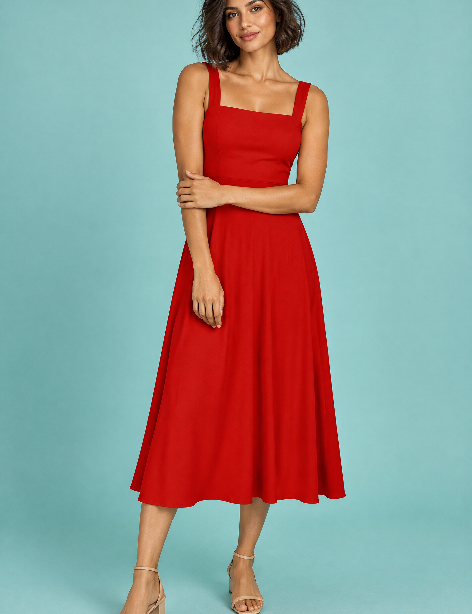 Robe midi rouge à fines bretelles et jupe ample | Vue de face | Lounelle Paris