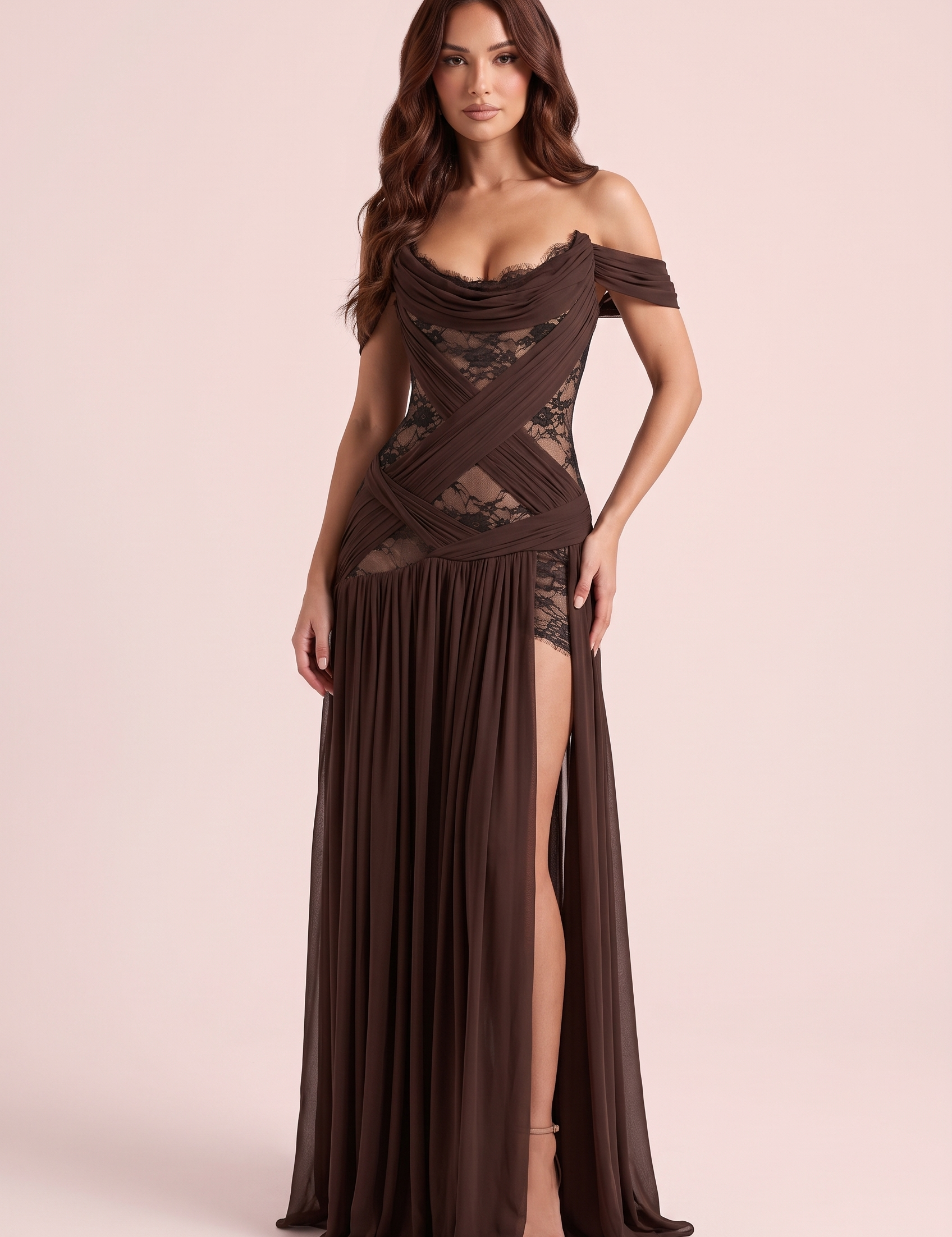 Robe marron à découpes et col bénitier | Vue de face | Lounelle Paris