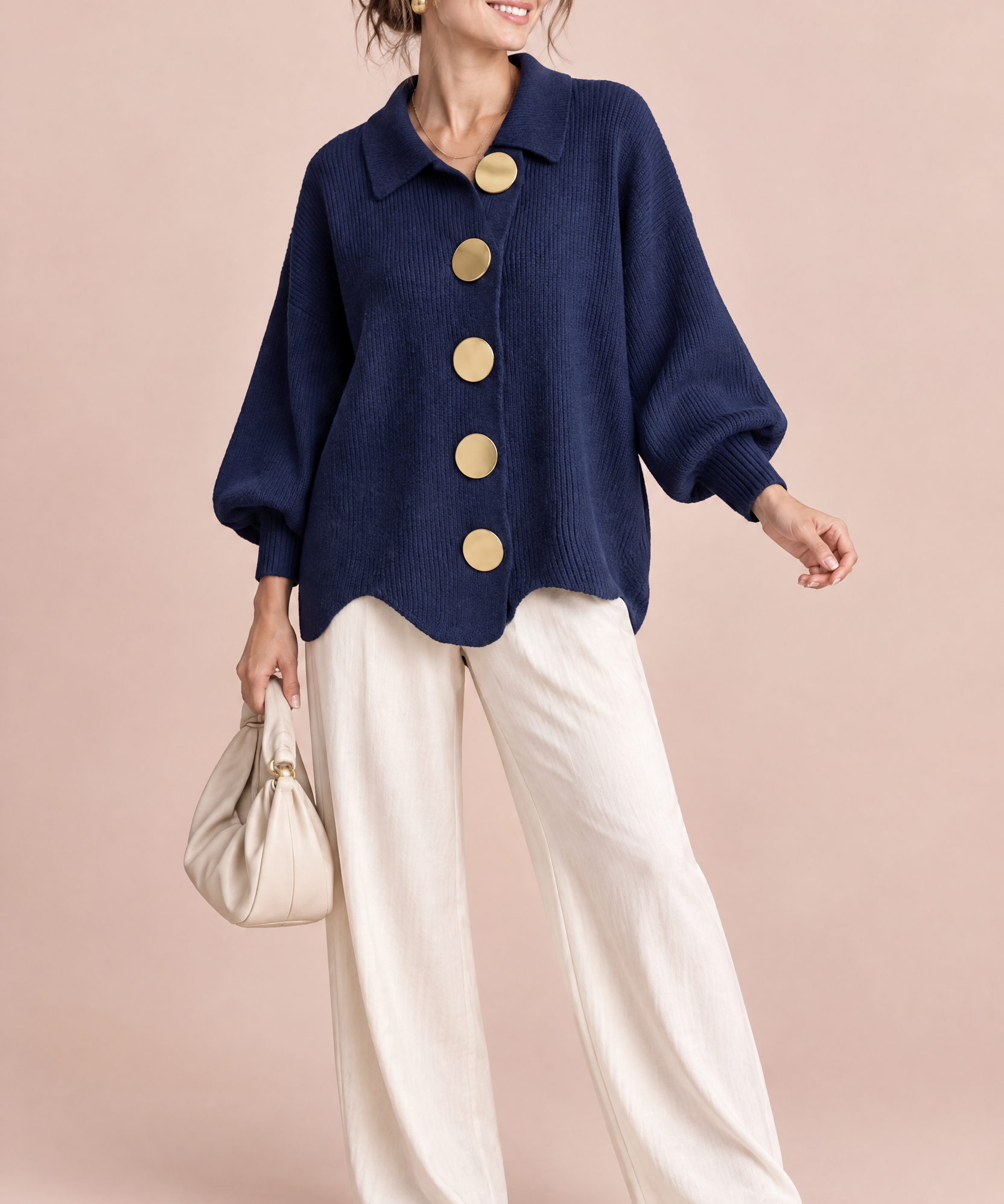 Cardigan oversize bleu marine à col | Vue de face | Lounelle Paris