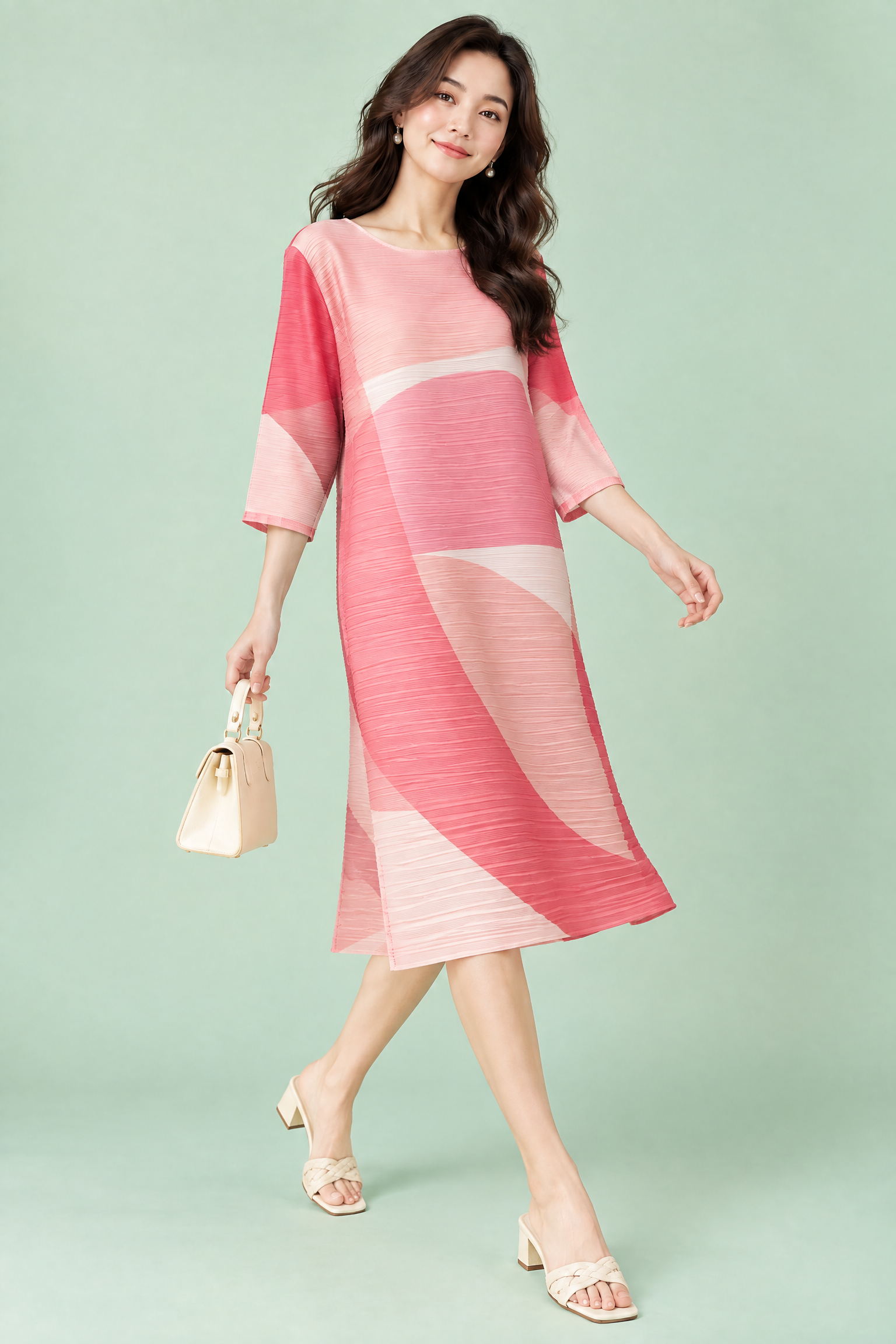 Robe midi trapèze plissée rose | Vue en mouvement | Lounelle Paris