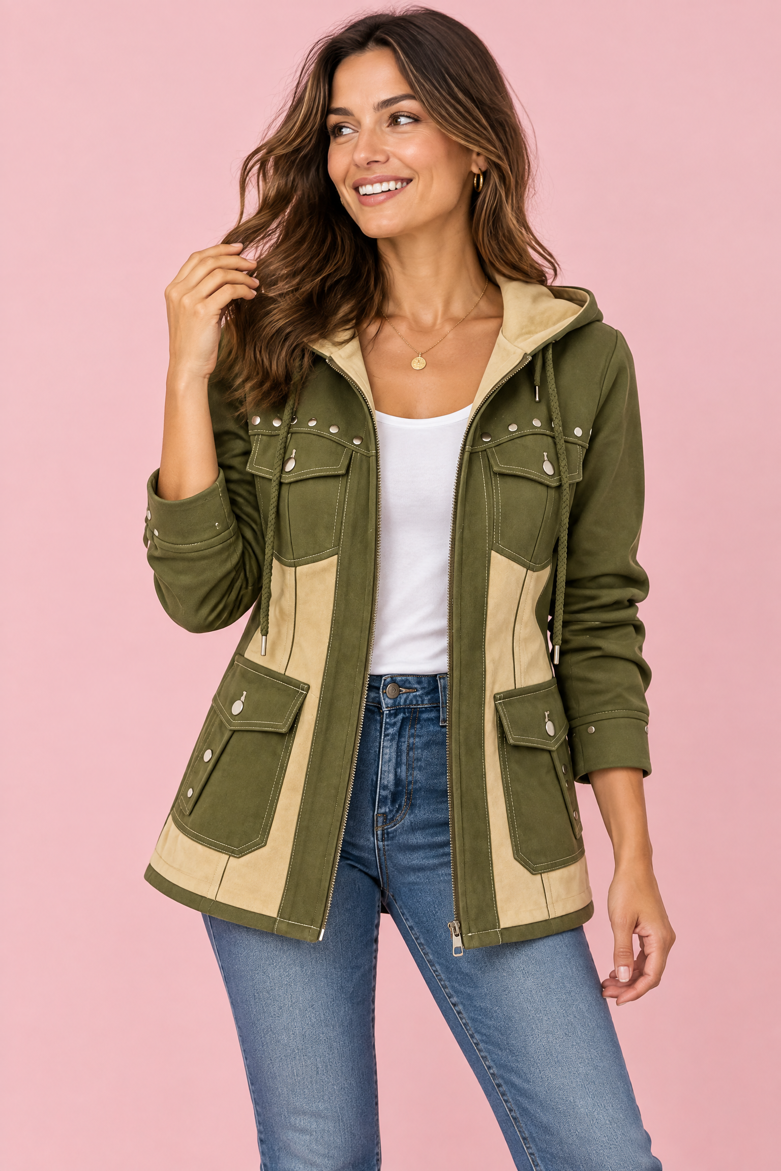 Veste à capuche olive à empiècements | Vue de face | Lounelle Paris