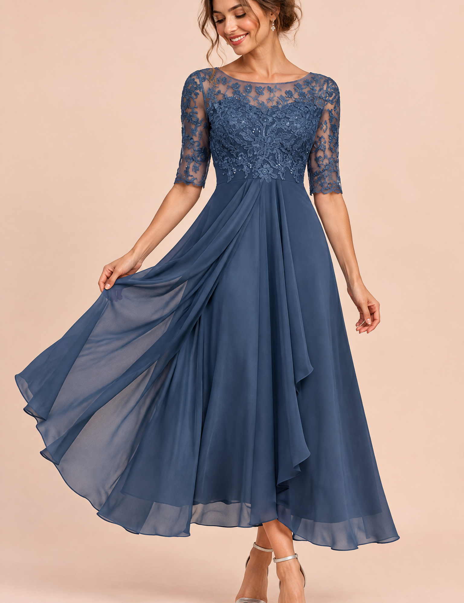Robe en mousseline à corsage brodé bleu marine | Vue de face | Lounelle Paris