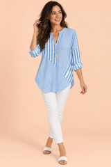Blue Striped V-Neck Blouse