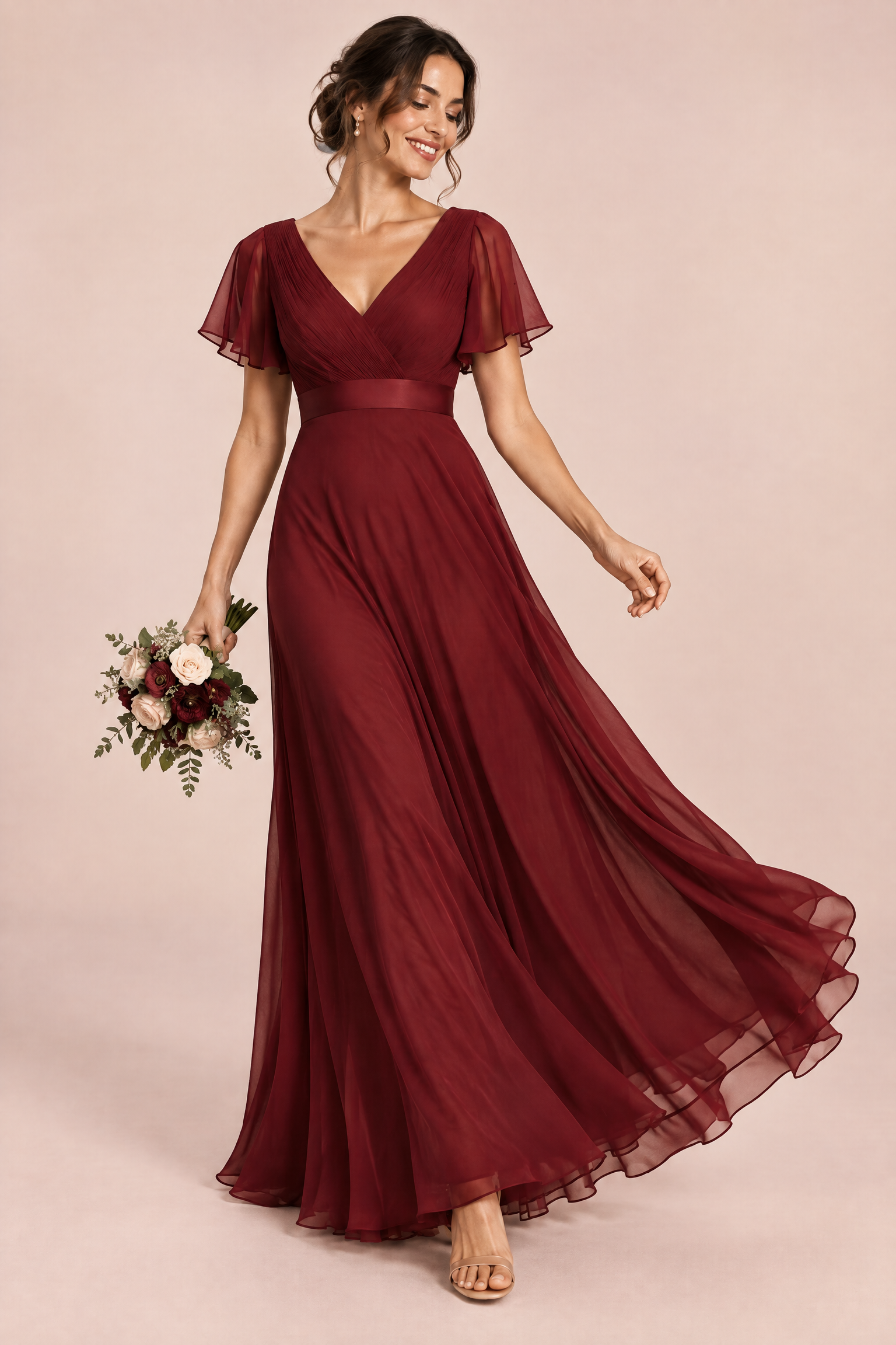 Robe longue plissée bordeaux à col V | Vue en mouvement | Lounelle Paris