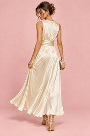 Robe longue champagne à pois froncée | Vue de dos | Lounelle Paris