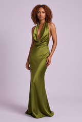 Olive Green Backless Cowl Neck Fishtail Maxi Dress